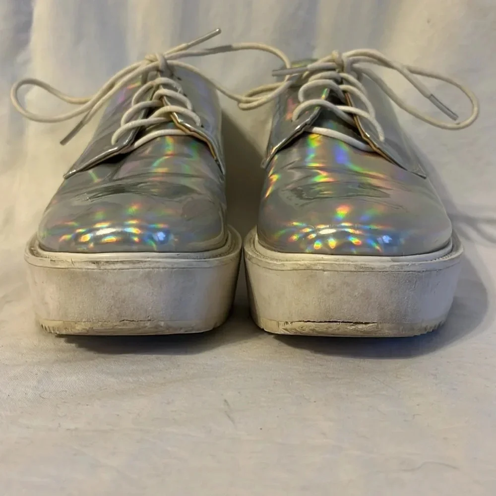 Prada Holographic Iridescent Platform Lace Up Logo Sole Shoe 37/7